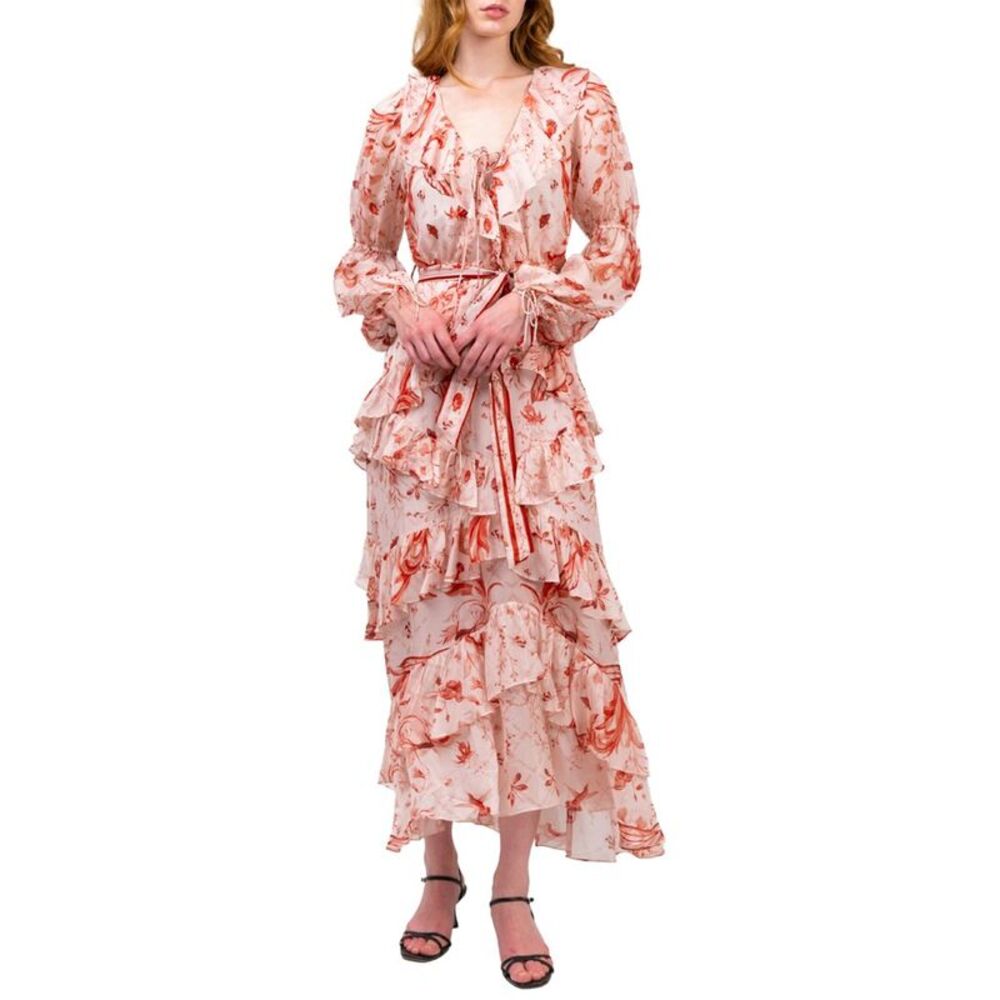 Marchesa Notte Womens  Belted Silk Chiffon Maxi Dress, Red